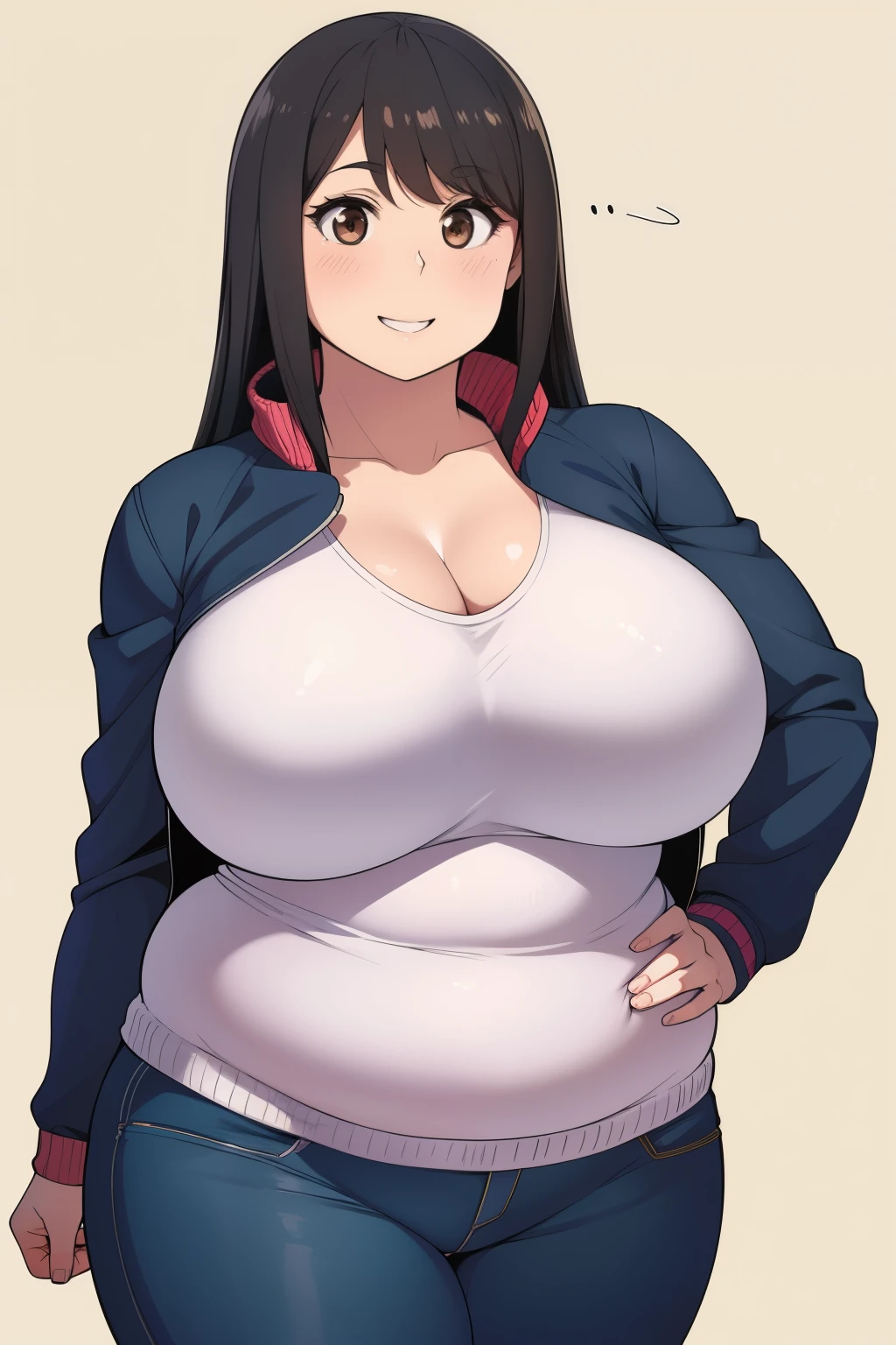 Plump year 21 big breasts black hair brown eyes chubby happy longer hair smile blushing deredere jacket