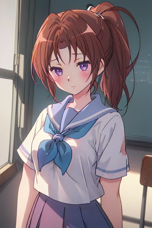 best quality, masterpiece, highres, solo, {nakagawa_natsuki_soundeuphonium:1.15}, brown_hair, ponytail, long_hair, purple_eyes, blush, serafuku, closed_mouth, indoors, bangs, 1girl, brown_shirt, holding_instrument, instrument, kitauji_high_school_uniform, neckerchief, sailor_collar, school_uniform, white_sailor_collar, blurry_background, holding, shirt, blurry, looking_at_viewer, open_mouth, blue_neckerchief, window