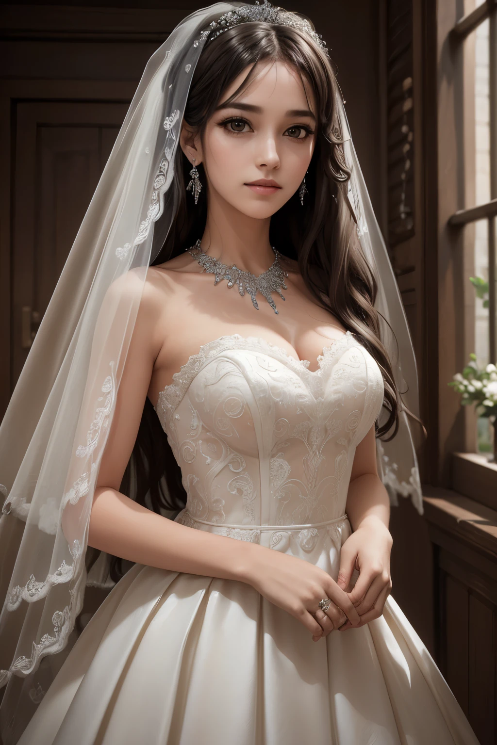 (Masterpiece), best quality, highest quality, highly detailed CG unity 8k wallpaper, original, high resolution, (depth of field: 1.5), fidelity: 1.3, bride portrait style, 1 girl, curtains, veil , bridal veil, wedding dress, curtains, jewelry, solo, earrings, teeth, bride, black_hair