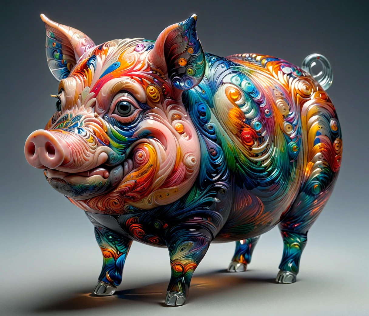 (chubby, male, pig), transparent glass sculpture, vibrant colors, highly detailed, intricate details, best quality, masterpiece, mad-vangoghian, depth of field, (((grey background)))