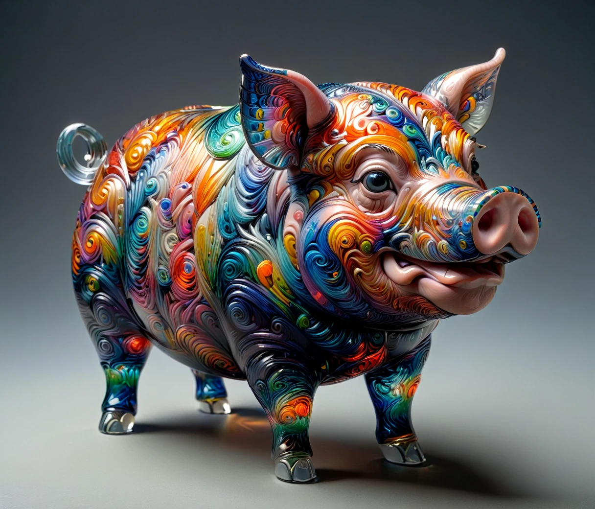 (chubby, male, pig), transparent glass sculpture, vibrant colors, highly detailed, intricate details, best quality, masterpiece, mad-vangoghian, depth of field, (((grey background)))