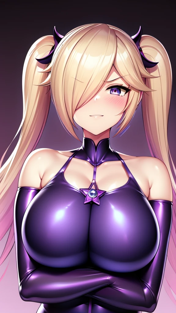 Erotic　Rosalina　Blonde long twin tails　Purple latex hydra suit heart bedroom love hotel purple lamp light dark theme evil fall temptation excitement condescending evil grinning face yandere trance upper body emphasis facing forward blushing little devil