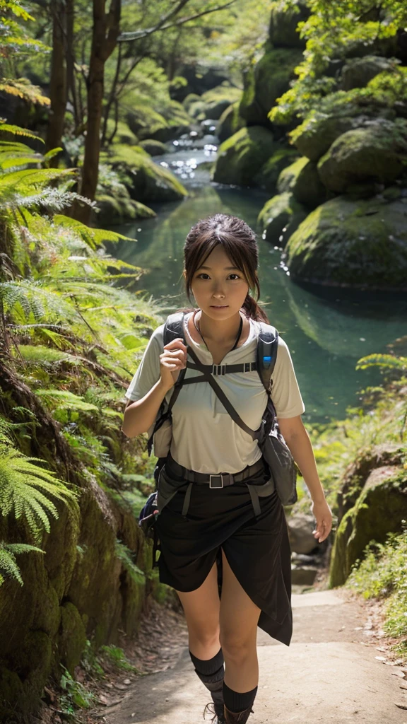 asian girl hiker, sweaty wet shiny skin, topless, backpacker hiking in mountain trail, backpack, mini skirt, wet messy hair, smiling to camera