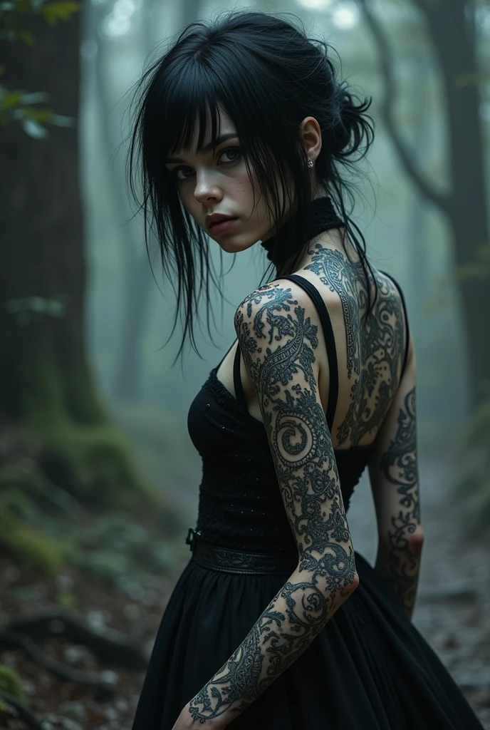 A woman tattooed black hair goth, dancing pose, hallowen monsters party, beautiful detailed, full body, pale skin tattooed, naked, night dark forest, creepy, gothic art, halloween, moody lighting, dramatic shadows, high contrast, colorful hallowen colors
