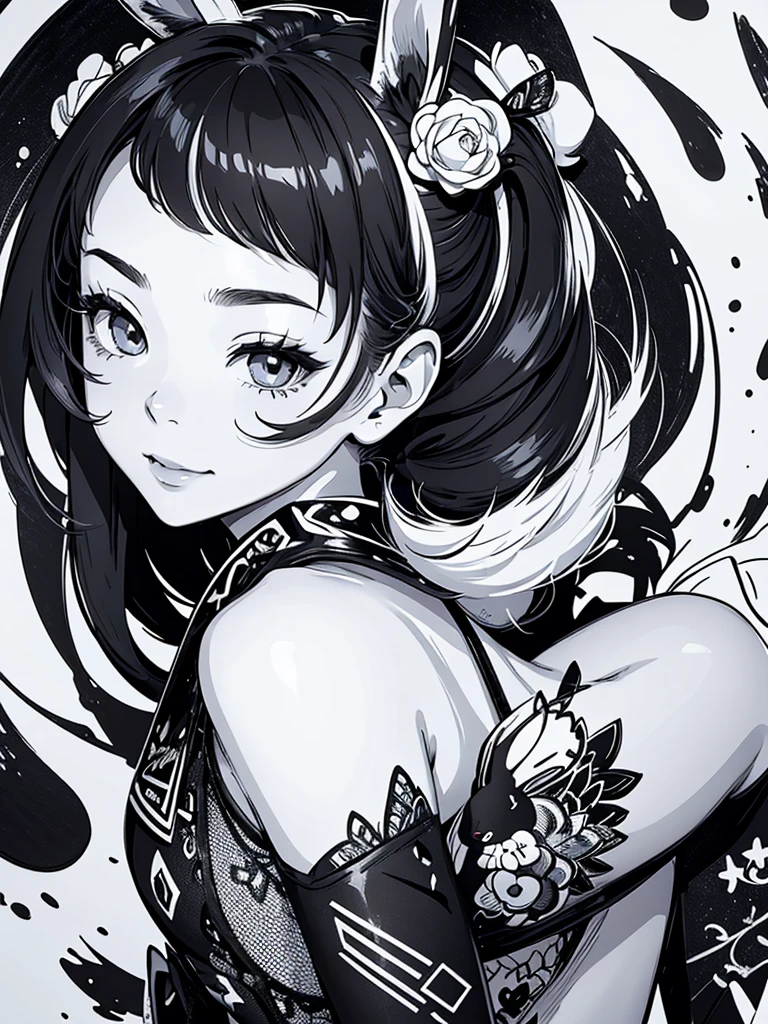 Create digital works of art in Pop Art style、インク風drawing、Draw with black ink on white paper.、Features a smiling bunny with attention to detail.、Street fashion、Surrounded by vintage rabbit motifs.、black and white brushstrokes、Emotions must be dynamic.、Upper part of the body、~ side、drawing、cipher、black and white ink、fine ink line、The pencil strokes are very detailed and dynamic.、Express shading with precise lines、delicate and precise expression、Modern Art、Stroke style with distinct strengths and weaknesses、many rabbits、
