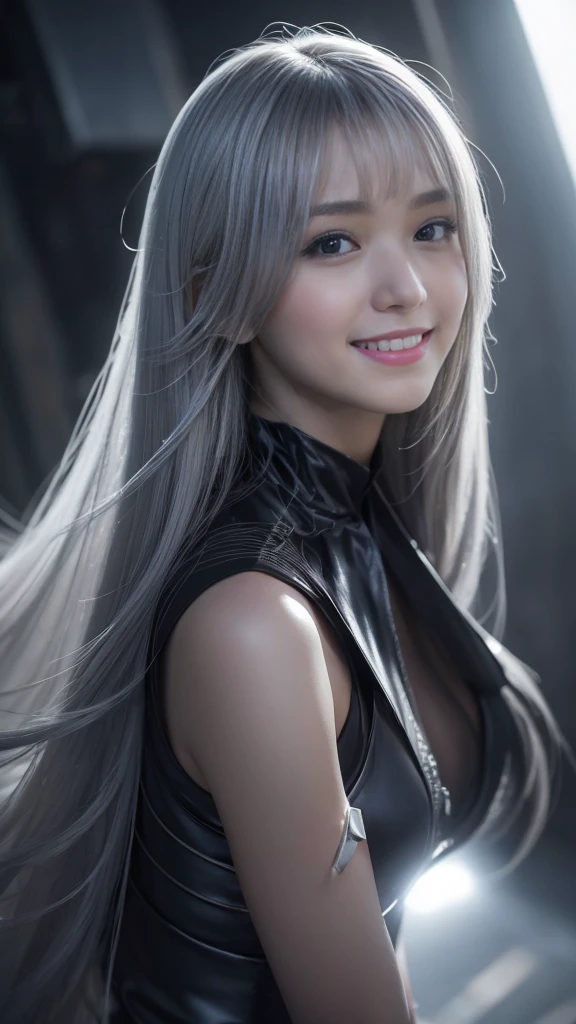 (RAW photo, best quality, masterpiece, ultra-detailed, high res), (realistic),(extremely delicate and beautiful:1), mesmerizing woman with long silver hair in sleek high ponytail , (((wearing glossy silver and gold lined cloak fastened at the neck :1.20))), crop top and hotpants , moonlit graveyard , detailed features, smiling expression of feelings, imaginative, highly detailed, extremely high-resolution details, photographic, realism pushed to extreme, fine texture, 4k, ultra-detailed, high quality, high contrast, full body shot