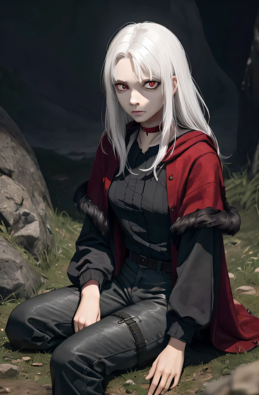 Masterpiece, best quality, 8k, dramatic lighting, 1girl, (((colorless skin, white skin))), ((((white hair)))), solo, (long hair, matted hair, messy hair, straight hair), expressive eyes, blank expression, (( gaunt cheeks, pronounced cheek bones, undead, malnourished )), (((large red eyes, snake eyes))), looking at viewer, black leather vest, dark scene, shadows, full body, sitting on a pile of rocks, ((skinny, bony figure, malnourished)), meek and small, small breasts, albino, eye wrinkles), ((ragged clothes, long sleeve , torn clothes, dark gray clothes, red wool shawl, fur lined hood, wearing rags, red cloak)), ((dirty clothes)), black leather shirt, gray trousers, knee high boots, ((red choker necklace)) , dark cavern