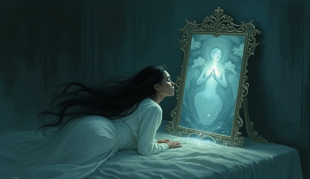 An image to illustrate the following text:
Cuando Lizzand duerme sueña con espejos que se abren como puertas en la oscuridad.
Los que se han ido miran a través and ella sabe que la observan con ternura.
One night, ando también cruzaré el espejo, and, in silence, I will braid her hair, One by one, until the light of day discovers us together in this or another world.
Lizzand es de piel muand oscura and cabello negro. Ella duerme en su cama and haand espejos de los que salen personas.