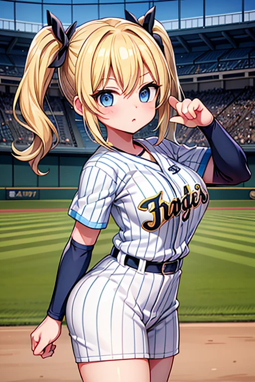 Highest quality,masterpiece,Blonde with blue eyes、Hanshin Tigers,uniform,Baseball player,Stolen base from 1st base to 2nd base,(koshien BaseballStadium1.1),Beautiful breasts、Twin tails、Girl&#39;s cute eyes,enjoy,