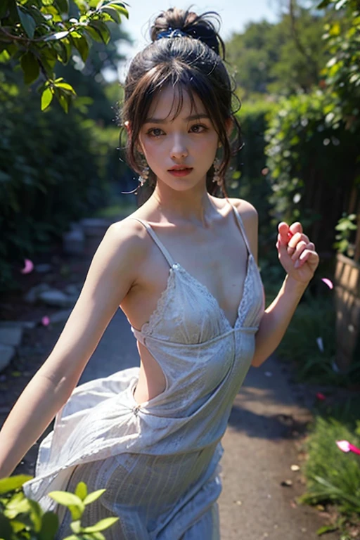 dressed, (photorealistic: 1.4), (hyperrealistic: 1.4), (realistic: 1.3), (smooth lighting: 1.05), (improved cinematic lighting quality: 0.9), 32K, 1 girl, 20 year old adult woman, realistic lighting, backlit, face lights, ray tracking, (bright light: 1.2), (quality improvement: 1.4), ( Top quality realistic textured skin: 1.4), fine detailed eyes, detailed face, fine quality eyes, brown eyes, (tired and sleepy and satisfied: 0.0), one woman in Japan wearing floral dress, white floral bra, white floral panties, faint smile, sitting with sheets on the grass, basket with fruits and flowers, tea set