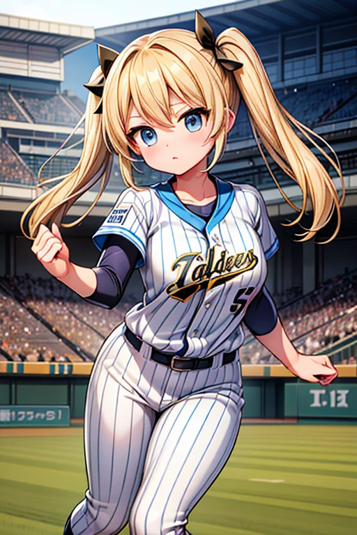 Highest quality,masterpiece,Blonde with blue eyes、Hanshin Tigers,uniform,Baseball player,Stolen base from 1st base to 2nd base,steele,base running,(koshien BaseballStadium1.1),Beautiful breasts、Twin tails、Girl&#39;s cute eyes,enjoy,