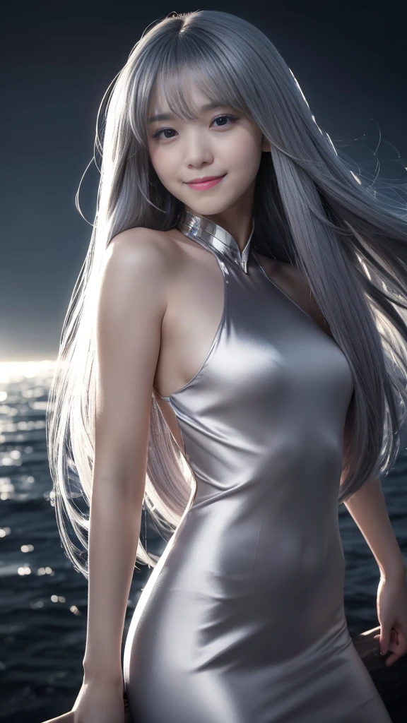 a radiant girl with vibrant hair, glowing skin, and a heavenly aura, basking in the dazzling sunlight with her mesmerizing silver-pink gradient locks, enjoying the serene beauty of the seaside, as her bare legs embrace the warmth.