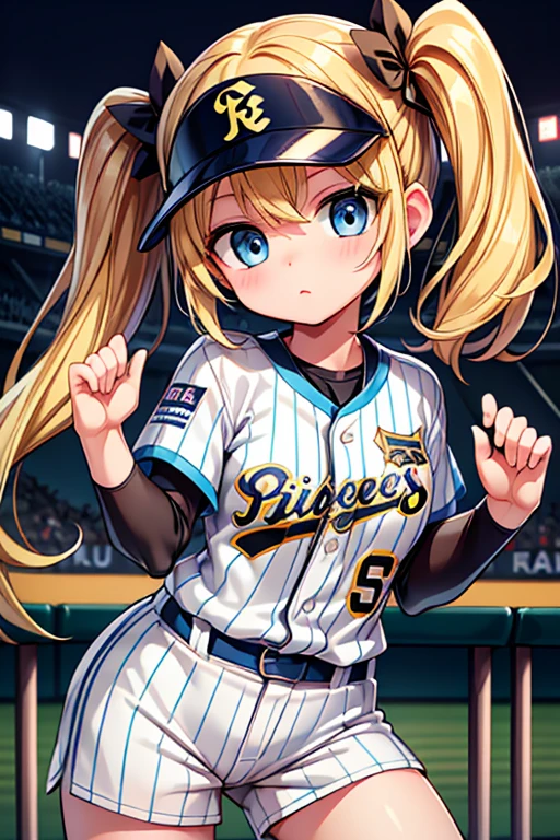 Highest quality,masterpiece,Blonde with blue eyes、Hanshin Tigers,uniform,Baseball player,Stolen base from 1st base to 2nd base,steele,base running,(koshien BaseballStadium1.1),Beautiful breasts、Twin tails、Girl&#39;s cute eyes,enjoy,