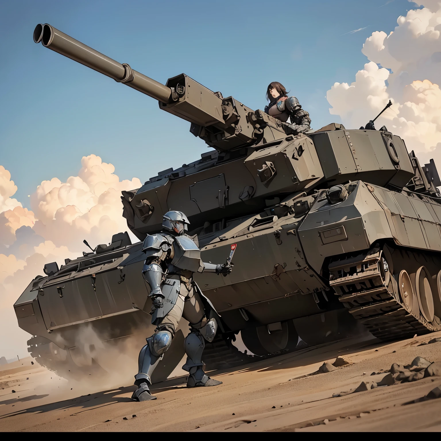 ((Armored tank, tank)), beautiful woman in military uniform next to tank,(Woman in military uniform)
