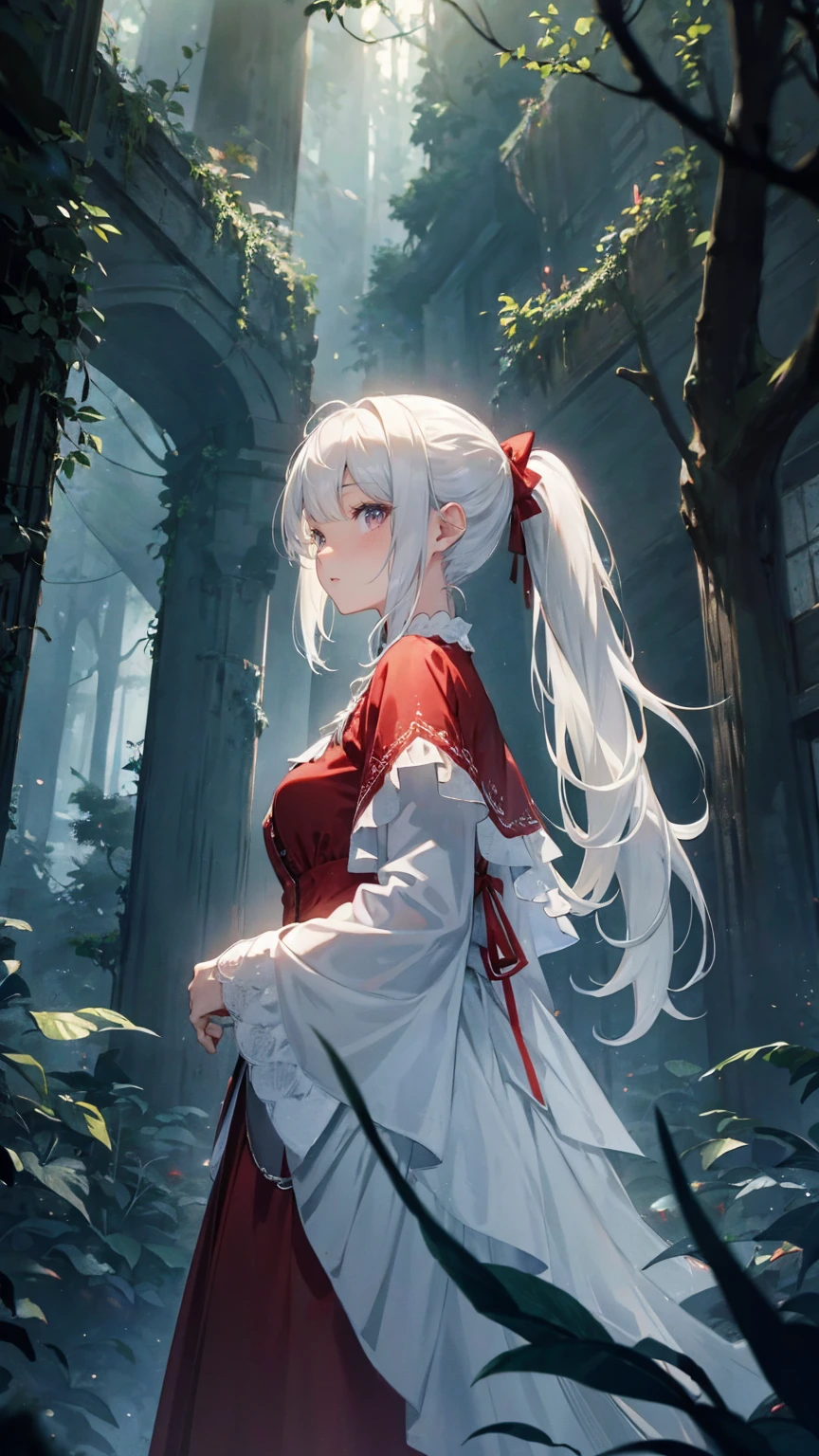 white hair, ponytail, Red gothic dress ,Admire the stars in a beautiful forest