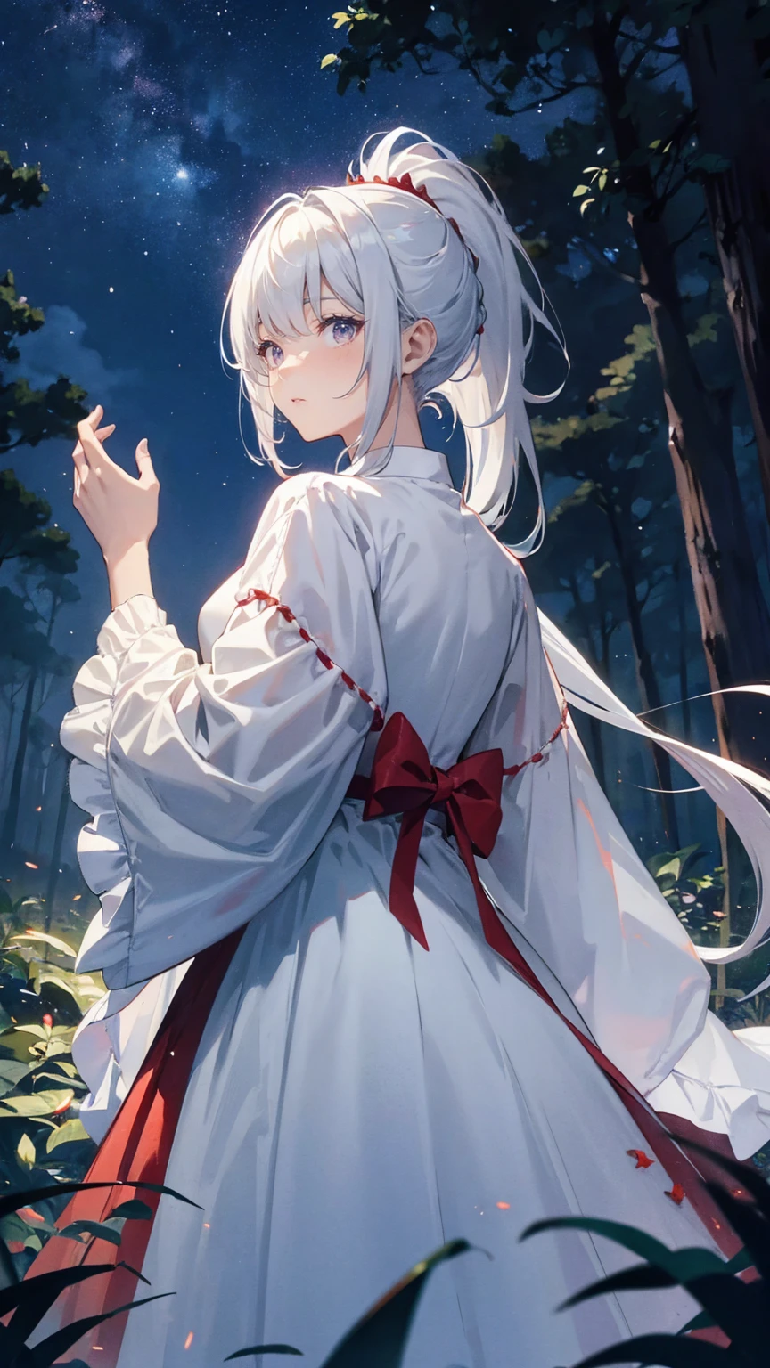 white hair, ponytail, Red gothic dress ,Admire the stars in a beautiful forest