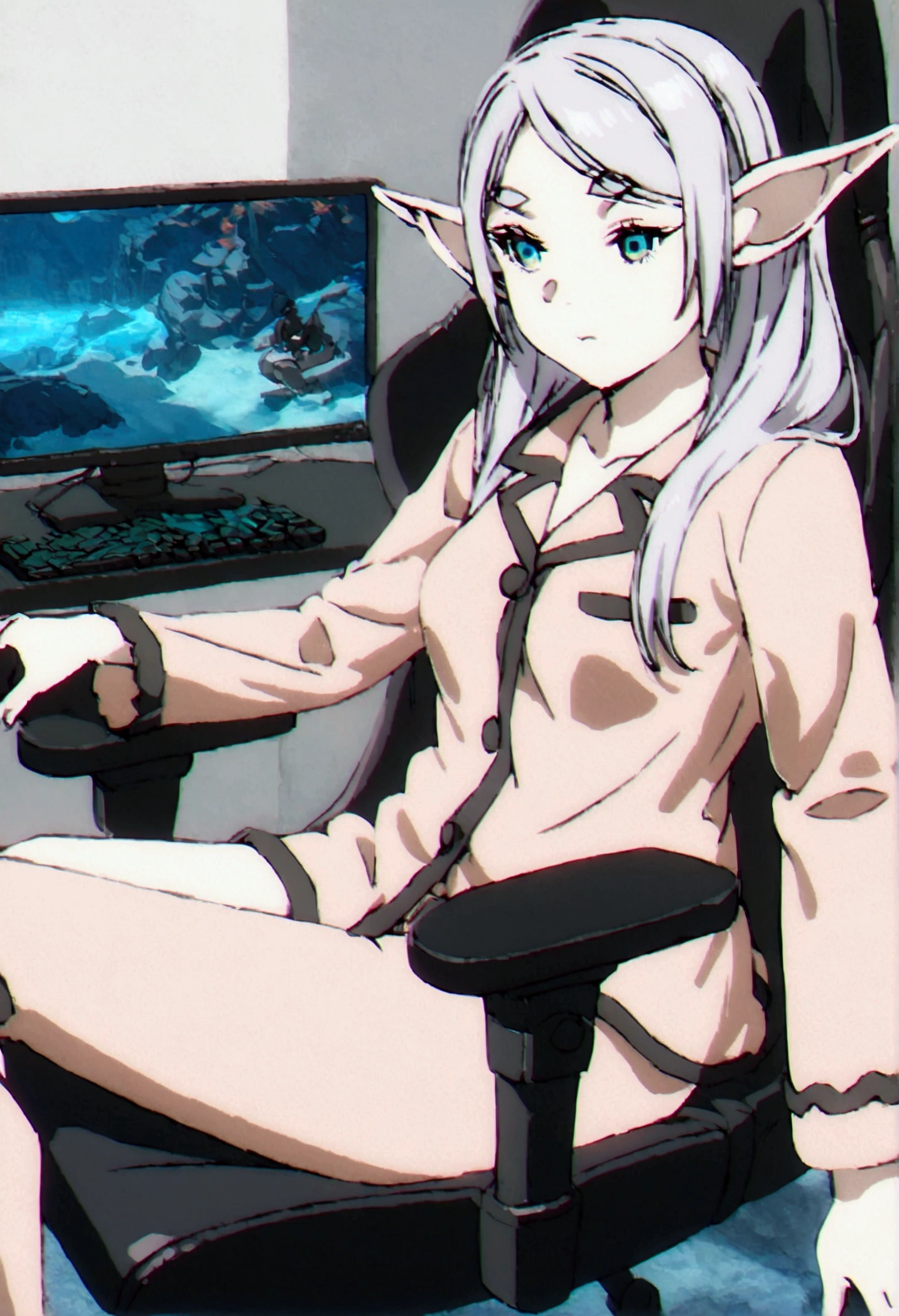 Dressed in sexy pajamas, elf ears, sitting in the games chair , playing video games on pc