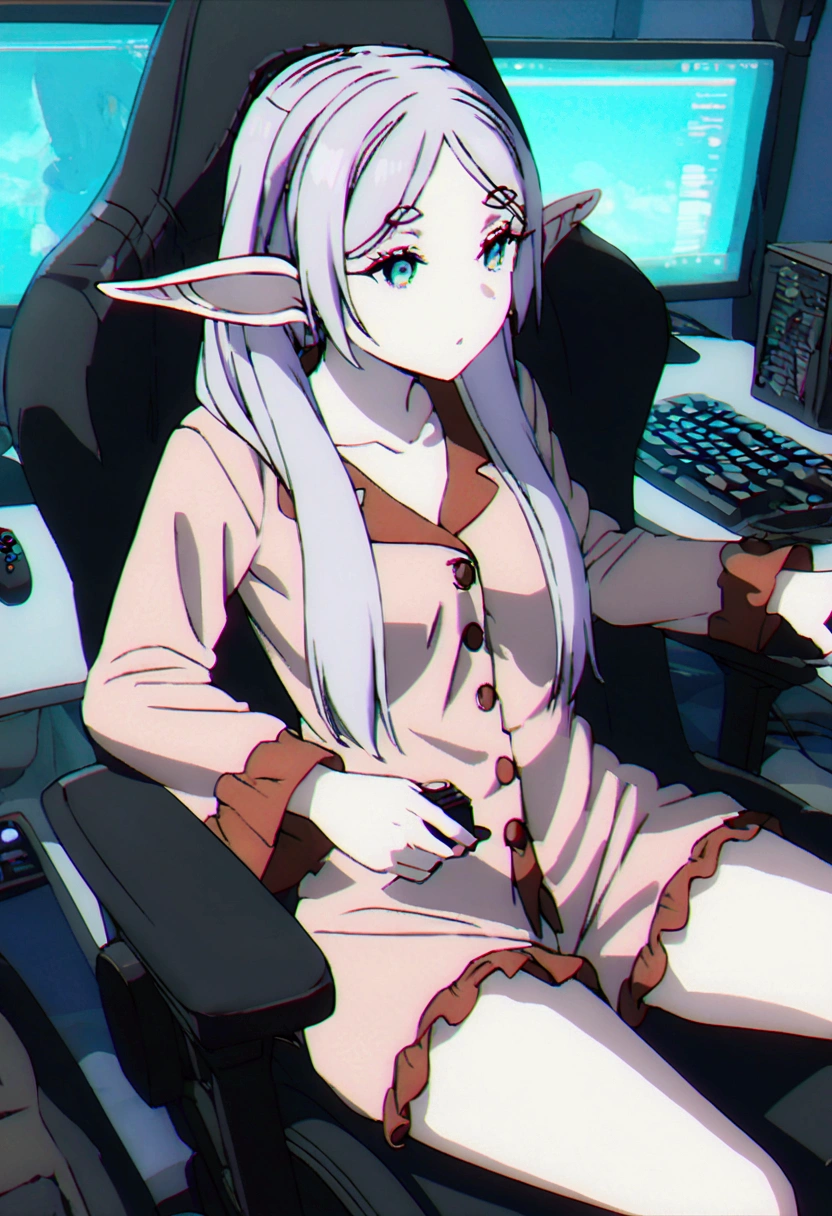 Dressed in sexy pajamas, elf ears, sitting in the games chair , playing video games on pc