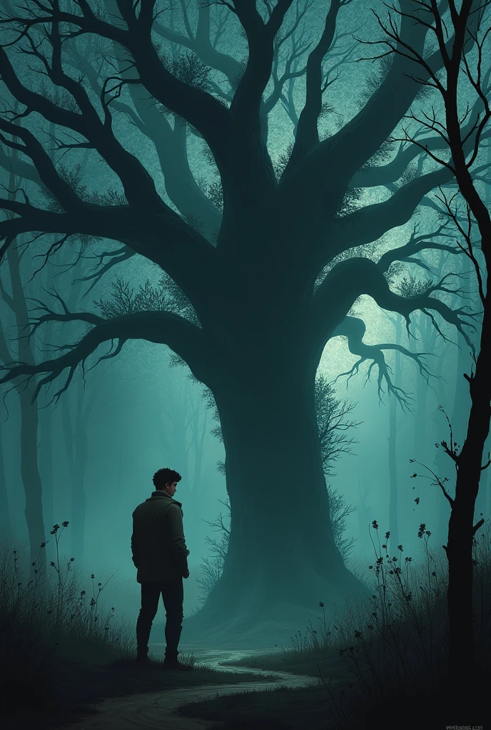A young man standing near a cursed tree, his expression filled with ...