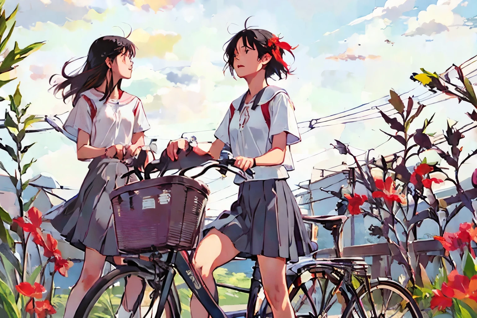 masterpiece, Highest quality,multiple, Three Girls, (Playing with a bike)、insect removal、insect removal編み、Sandals, Black Hair, short hair、Long Hair, Hair ties, hair band, hair ornaments, Straw hat、Shorts, skirt、Dappled daylight、Summer sky、White cloud、Outdoor, nature, wood々、 grassland、(Red canna flower)、