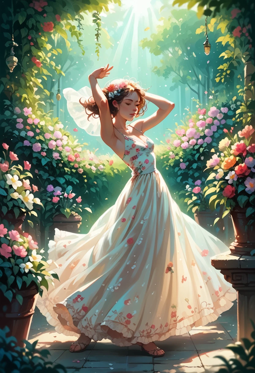 in the garden, full of flowers, Under the sunlight, ***********s in floral dresses dancing