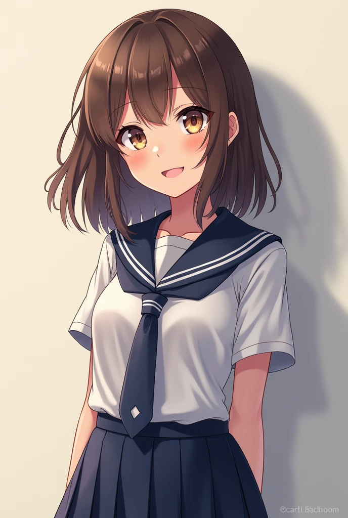 1 girl, Solo, Cute Girl, 13 years old, Best Quality, Ultra-detailed, 8K, High resolution, Detailed face, dark brown hair, bob hair, (((tareme:1.5, downer))), (((school uniform,Completely naked
