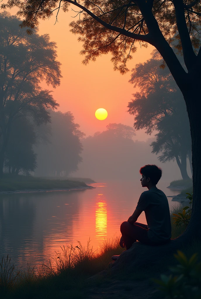 Create a pic of Mahabharat childhood karna pic beautifully like sun rises falling on his back and in front of river he praying for sun god photo should be realistic
