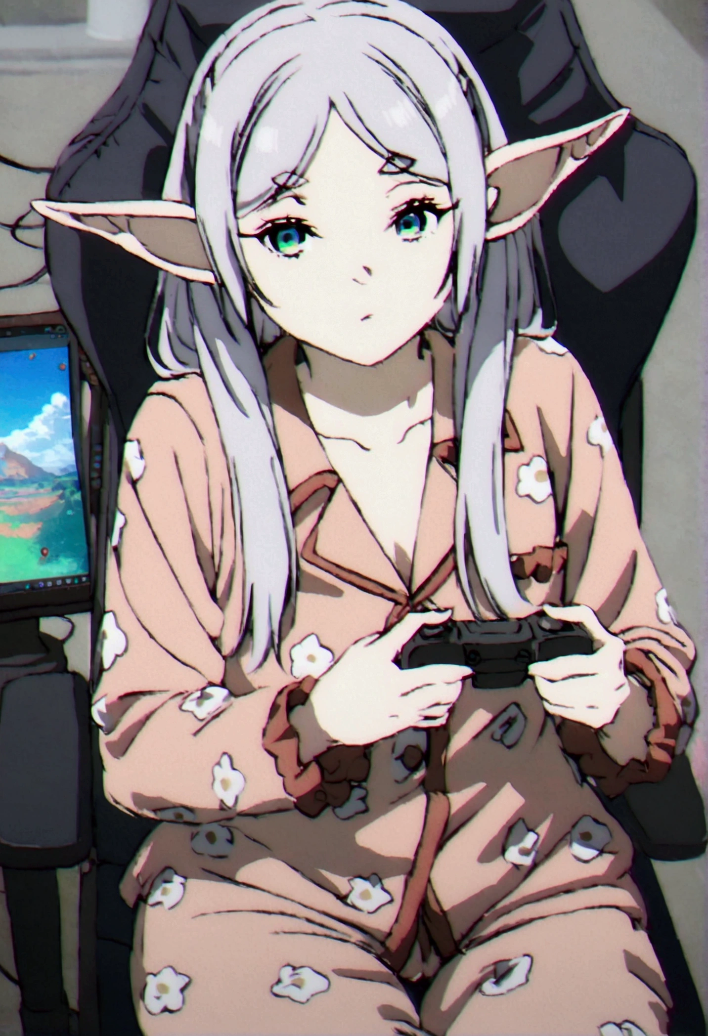 Dressed in sexy pajamas, elf ears, sitting in the games chair , playing video games on pc