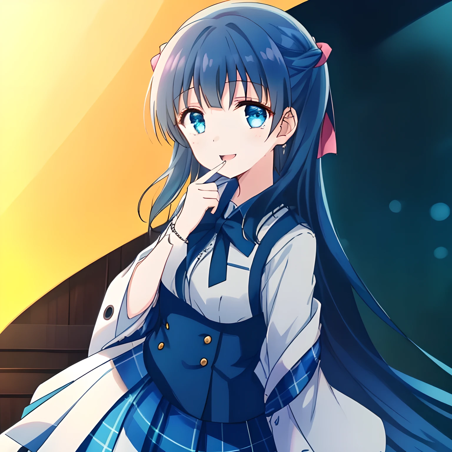 (highest quality, masterpiece, Full HD, High definition, High saturation and contrast to enhance female beauty: 1.2), (Japanese Game CG art of beautiful giggling noble elegant girl is giggling with her mouth open, charming me elegantly, Noble Elegant: 1.3), (Just one very beautiful date-game noble heroine who is looking and laughing at me, Very detailed cute noble 15yo heroine's noble eyes and face, Beautiful giggling eyes with detailed: 1.4), (Super-long bottom-eyelashes: 1.2), (Girl whom everyone loves because of her beauty and lovely winter fashion and noble manner and mind of evil succubus and magical-charm of evil succubus: 1.0), (Very beautiful, wavy, cutely super-super-long dark-dark-blue-dark-blue hair, with elegant hair ribbons, spreading on whole the screen: 1.3), (Laughing very beautiful and sapphire-blue mature intelligent cute-eyes which charms and enslave me inevitably, with clearly detailed: 1.4), (Eyes are clearly detailed), (very long eyelashes: 1.0), (Noble full-black neat sailor-styled noble winter-version school uniform with a noble expensive glossy red ribbon on the chest: 1.2), (Charming neat blue & navy tartan-checkered pleated long winter school skirt: 1.5), (Soprano singer of classic music: 1.0), (Can't stop giggling: 1.6), Clear skin, (Nothing except black background: 1.5), dark-blue hair, shot from side