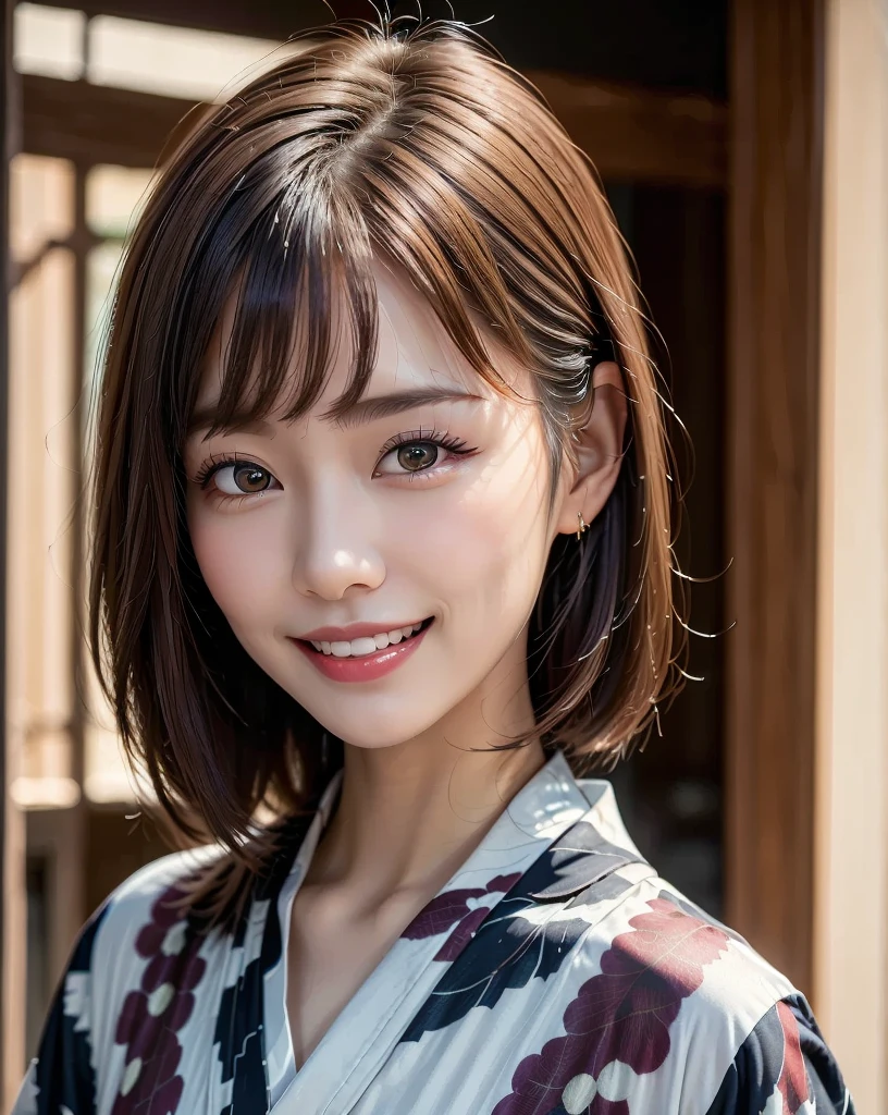 best quality, face focus, (depth of field) ,ultra high res, (photorealistic:1.4), RAW photo, Japanese-style room, alcove, hanging scroll
(portrait:1.4)
1japanese girl, solo, cute, smile, (brown eyes), natural face, (midi hair), 
(kimono:1.5)
