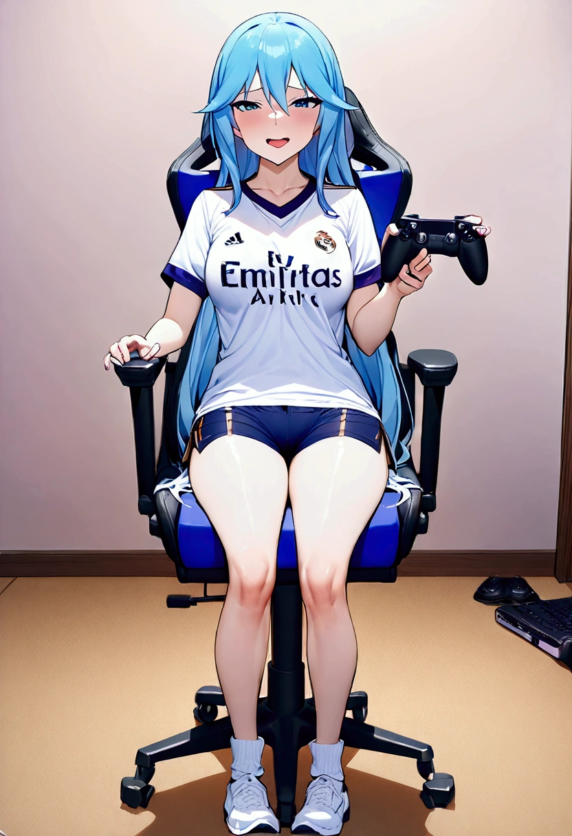 (best quality, Artwork),sexually,  erotic, 18+, NSFW, 1 girl, 1 , dressed in the Real Madrid shirt, Aqua de Konosuba, 4k image quality , standing, straight posture, holding ps5 controller, short shorts ,  Sitting in the gaming chair 