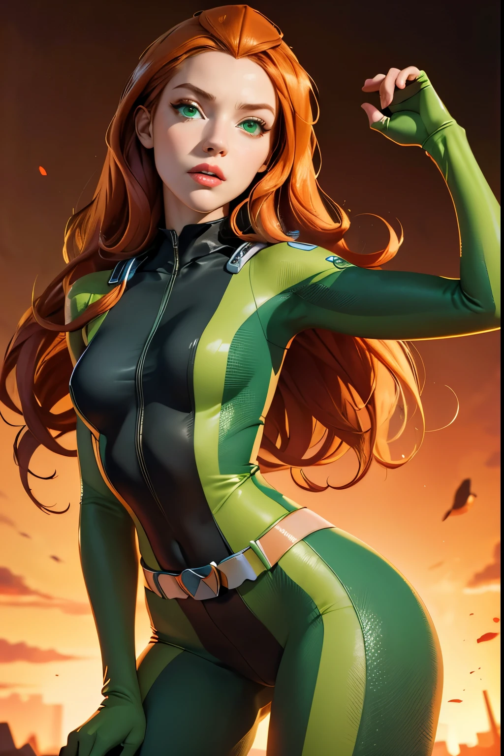 (masterpiece, best quality), 1girl,   sam \(totally spies\), orange hair, long hair, green eyes, , green bodysuit, belt