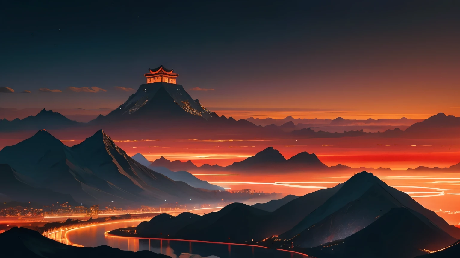 there is a huge chinese palace shining brightly in the center of the picture,cumulus clouds with lines in the sky,The cover of the Chinese landscape,with dense black and white lines forming mountains and rivers,with a red background at the top,a strong color contrast,