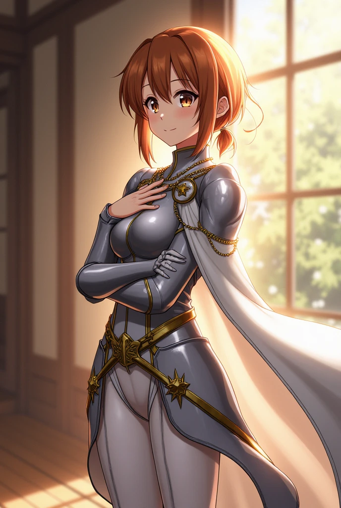 Asuna, Asuna_(Star), (1 Girl,Solitary) ,fantasy, high resolution, No.19,  The original, (Wear at waist:1.3), Smile, (White Knight Wizard Cape:1.5), short hair, Medium breasts, Looking at the audience, Bangs ,Delicate hazel eyes, Beautiful background, ((morning sun,Western-style private room)), Put your hands on your chest,(Brown hair,Short Ponytail:1.5), (Platinum Knight Wizard Fully Armored:1.55),short hair, permanent,straight on, Abeke,(whole body:1.1), White stockings,(Abeke:1.4),