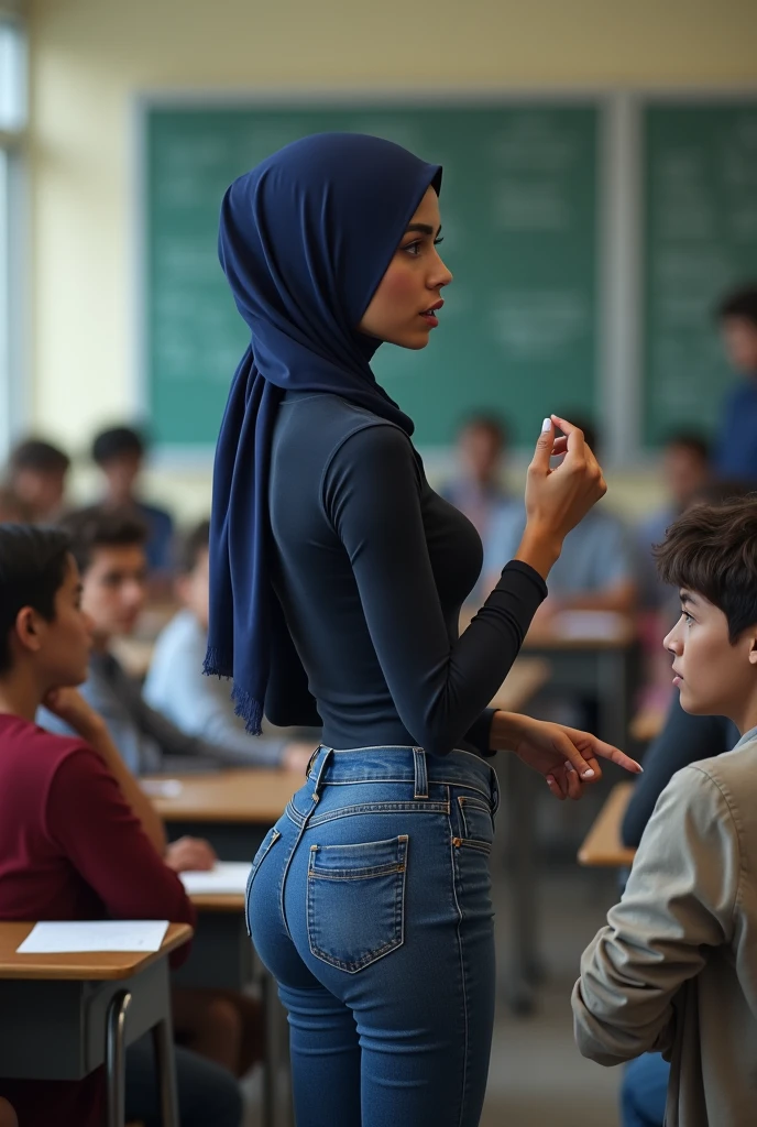 Ultra-realistic, 4k, 1girl, 15 years old, cute face, pretty face, cute eyes, blue iris, skinny body, fat ass, blue hijab, long blue skirt, tight long sleeve white buttoned shirt, white sneakers, black backpack, crying, both hands on ass, very sweaty, in dirty classroom, near the desk, dirty skirt, dirty chair, dirty clothes, sweaty clothes, (((make the whole image filthy and dirty))), (((mud dripping from long skirt))), stinky atmosphere, filthy atmosphere, mud on long skirt, disgusting long skirt, ((extreme amount of mud on long skirt)),