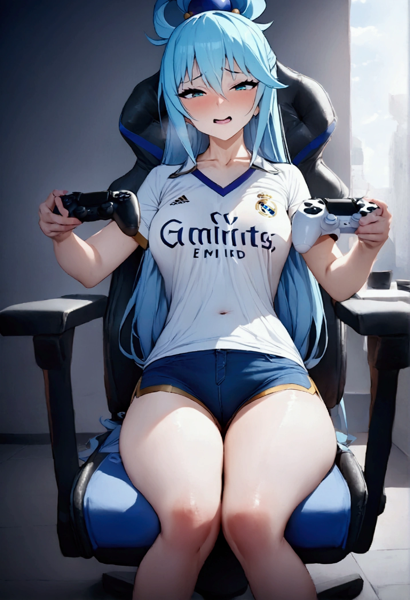 (best quality, Artwork),sexually,  erotic, 18+, NSFW, 1 girl, 1 , dressed in the Real Madrid shirt, Aqua de Konosuba, 4k image quality , standing, straight posture, holding ps5 controller, short shorts ,  Sitting in the gaming chair 