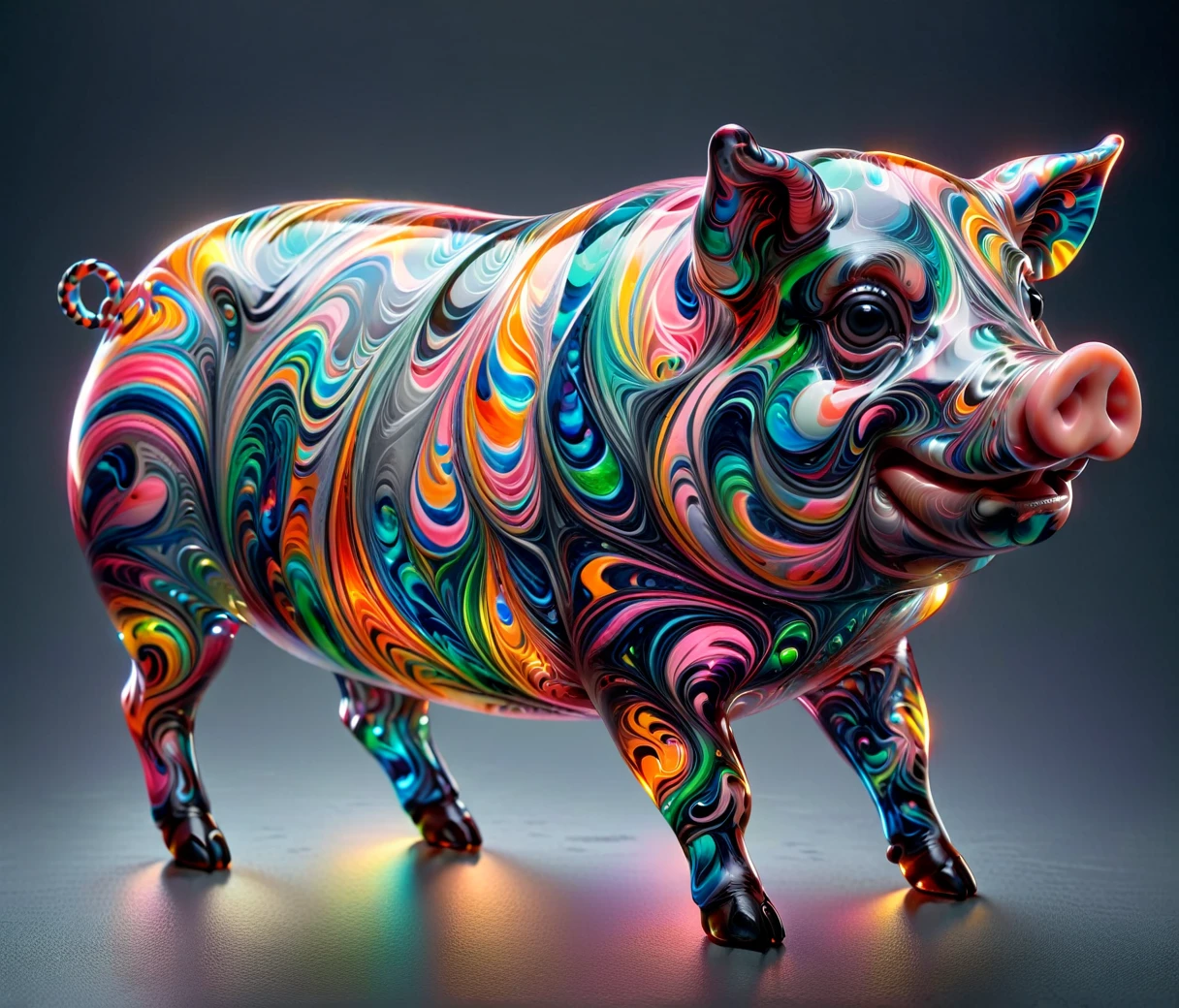 (chubby, male, pig), transparent glass sculpture, vibrant colors, highly detailed, intricate details, best quality, masterpiece, mad-mbp, depth of field, (((grey background)))