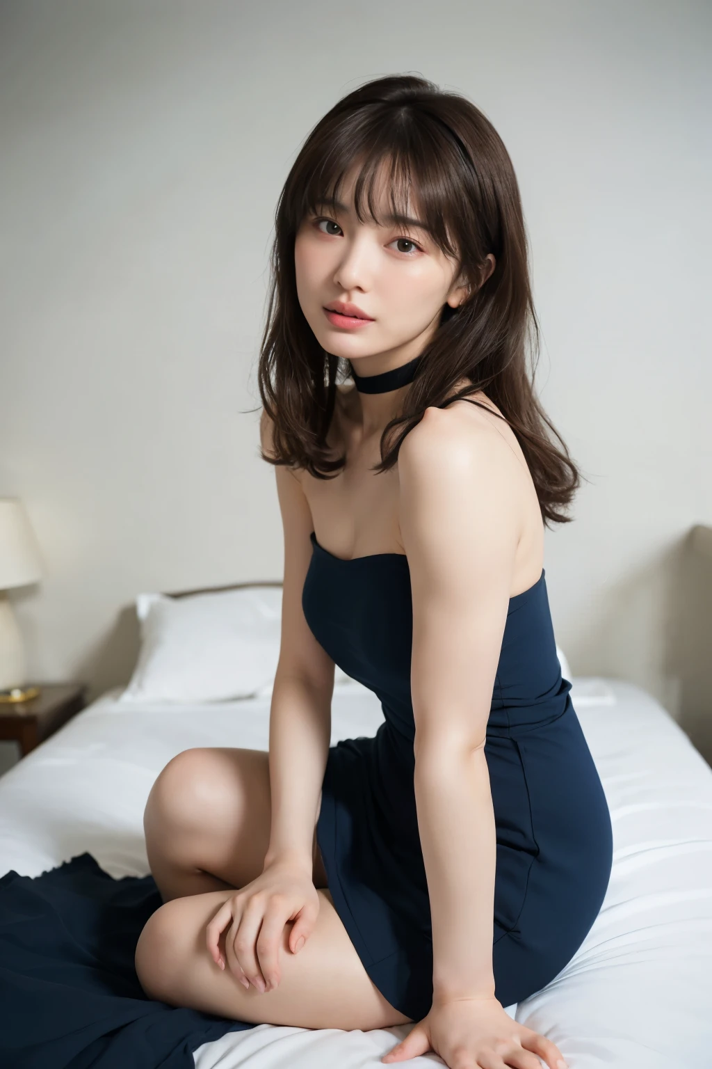 ((masterpiece, highest quality, High resolution, Photoreal, RAW photo, 8k wallpaper, perfection)), professional lighting, very detailed, Depth of written boundary、 (1 Asian handsome man in blue pajamas) with (1 40 year old Japanese mature woman:1.2)、perfectly proportioned, intimate, Lovers, close to each other, (A perfect composition where the woman fits beautifully in the frame:1.2)、(accurate anatomy:1.1)、(soft and plump body), women sexy, detailed face, beautiful eyes, bangs, soft and plump breasts, (Classy and elegant plain white sleeveless tops:1.1)、(Elegant and lady like navy plain tight skirt:1.2)、long hair, plump and beautiful lips, ((look at the audience, smile))、upper body photo、perfect anatomy, perfect background, perfect face, perfect body, detailed face, (Moody luxury hotel bedroom:1.1)、Romantic warm lighting at night、