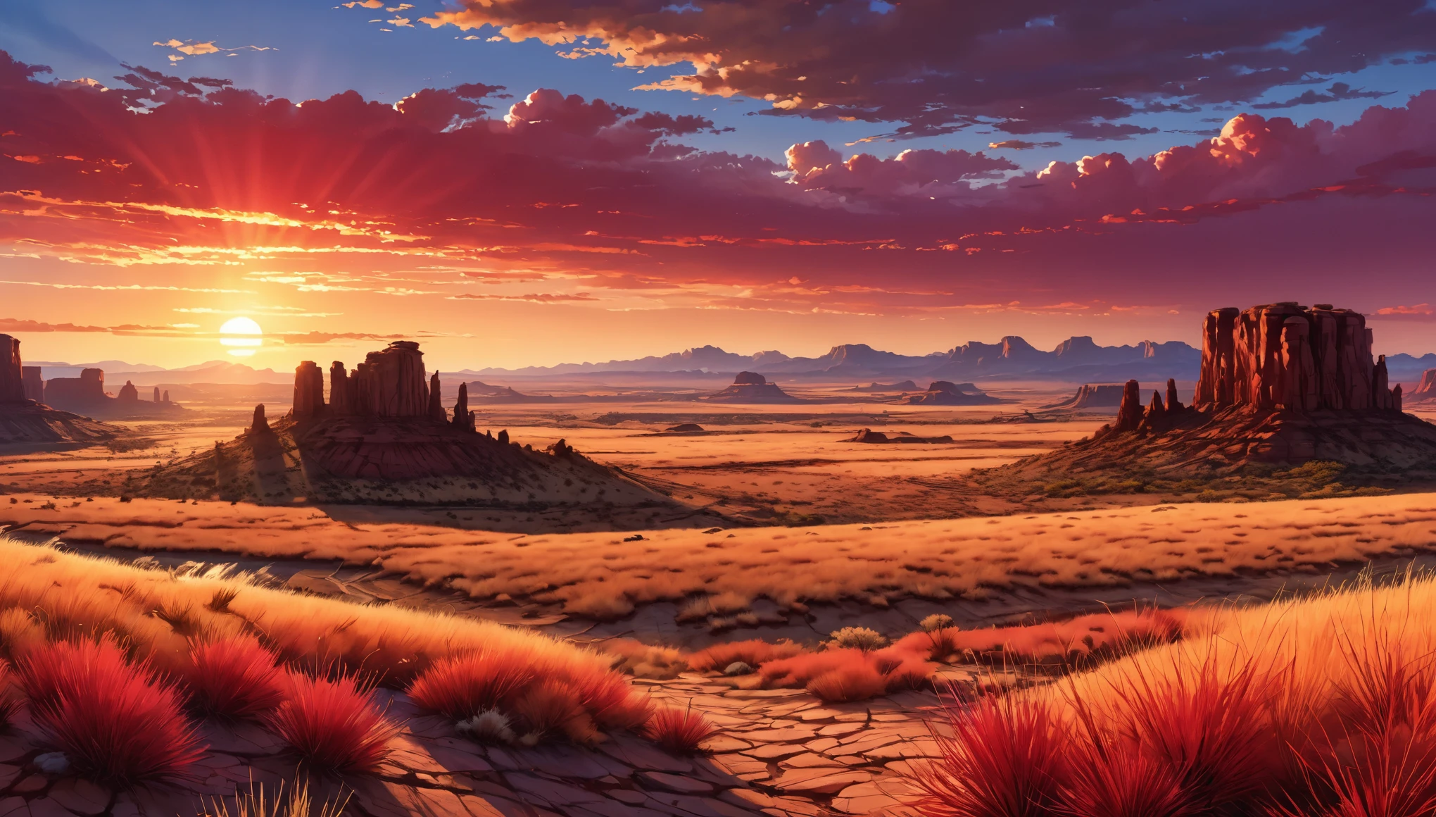 anime aestetics, anime scenery, savanna, big western field, huge canion on the background, landscapes of america, dry grass, red stones, sunset, red skies, perfect quality, breathtaking view, wide shot, from above, perspective, atmospheric perspective, highres, best quality, 16k, award winning, super detail, masterpiece, UHD