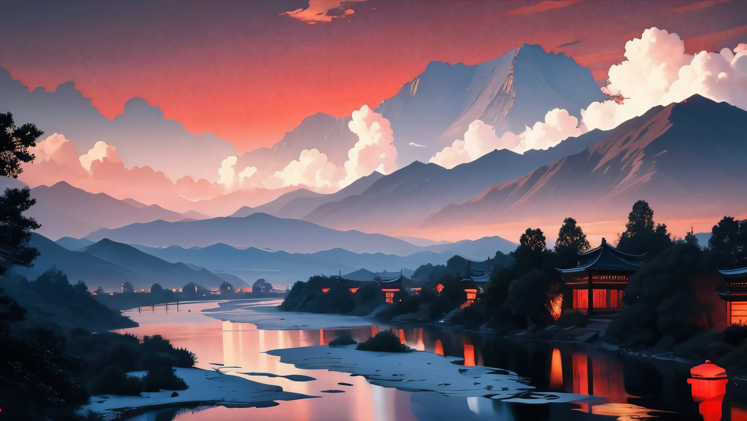 there is a huge chinese palace shining brightly in the center of the picture,cumulus clouds with lines in the sky,The cover of the Chinese landscape,with dense black and white lines forming mountains and rivers,with a red background at the top,a strong color contrast,