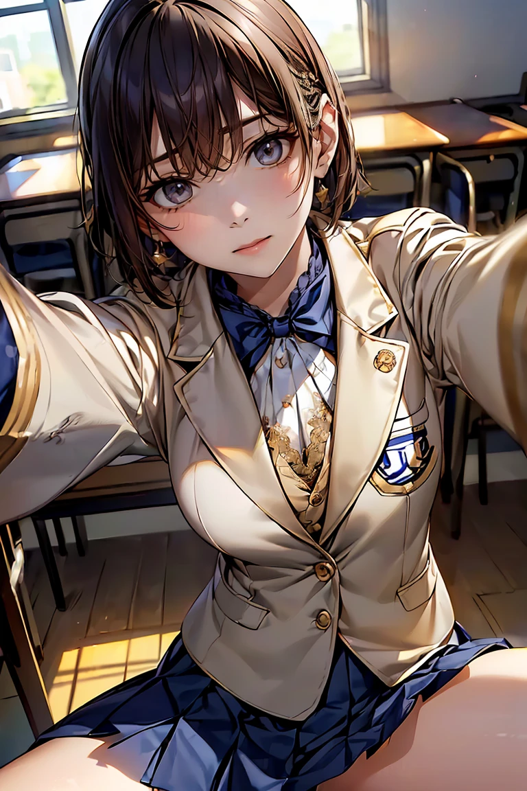 high quality, Surreal portrait。((Selfie:1.6))
(Big eyes、Gentle features、Natural smile)、((Asymmetrical Short Hair:1.8、light brown))、(Center of chest)、Light skin tone、Healthy and smooth skin、((Navy Blue Blazer:1.8))、(White long sleeve blouse:1.4、Lace Color、Gold Button、School emblem on breast pocket、Navy and white checked pleated skirt:1.5)、Simple silver earrings、Slim wristwatch、 Black Loafers、((Background、最新のデジタルスクリーンが設置されたIn the classroomす..:1.3))。(Open Blazer:1.6)、((Lift your shirt:1.9、NFSW:1.4))、(belly button:1.3)、(sum、sumを表示:1.4)、
(lodging:1.3)、(Spread your legs:1.3)、
（In the classroom、after school、indoor：1.3）、
(Backlight:1.3)、(Dutch Angle:1.3)、