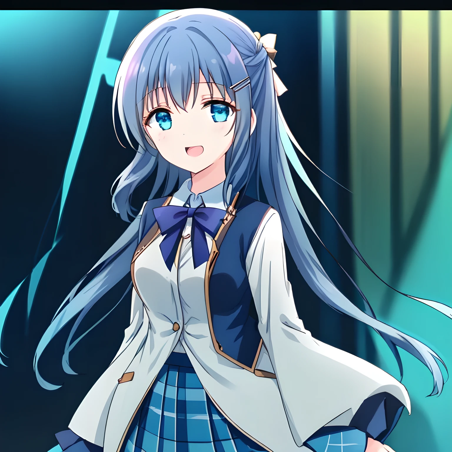 (highest quality, masterpiece, Full HD, High definition, High saturation and contrast to enhance female beauty: 1.2), (Japanese Game CG art of beautiful giggling noble elegant girl is giggling with her mouth open in chorus, charming me elegantly, Noble Elegant: 1.3), (Just one very beautiful date-game noble heroine who is looking and laughing at me, Very detailed cute noble yo heroine's noble eyes and face, Beautiful giggling eyes with detailed: 1.4), (Super-long bottom-eyelashes: 1.2), (Girl whom everyone loves because of her beauty and lovely fashion and noble manner and mind of evil succubus and magical-charm of evil succubus: 1.0), (Very beautiful, wavy, cutely super-super-long dark-dark-blue-dark-blue hair, with elegant hair ribbons, spreading on whole the screen: 1.3), (Laughing very beautiful and sapphire-blue mature intelligent cute-eyes which charms and enslave me inevitably, with clearly detailed: 1.4), (Eyes are clearly detailed), (very long eyelashes: 1.0), (Noble blue neat noble school uniform with a noble expensive glossy red ribbon on the chest: 1.2), (Charming neat blue & navy tartan-checkered pleated long expensive school skirt: 1.5), (Soprano singer of classic music: 1.6), (Can't stop giggling: 1.6), Clear skin, (Nothing except black background: 1.5), dark-blue hair, shot from side