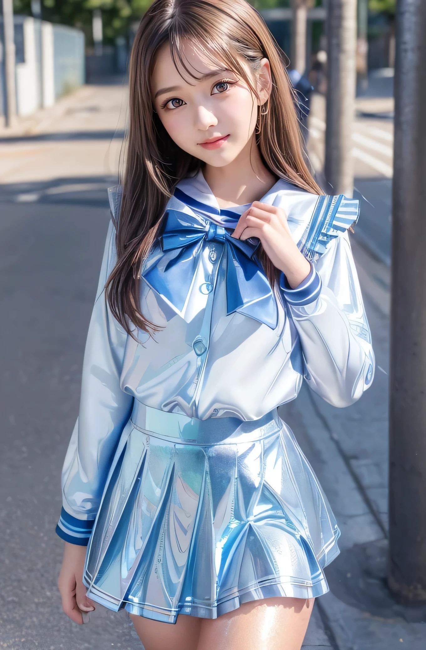 A close up of a woman in a blue and white dress - SeaArt AI