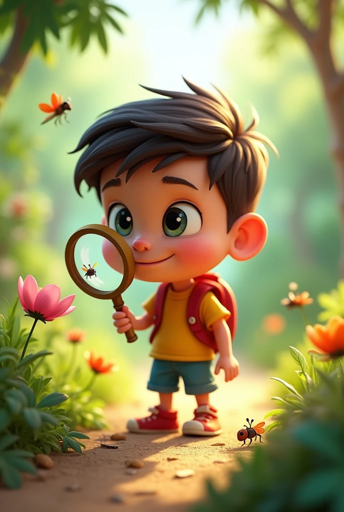 A boy, searching with a magnifying glass, for butterfly in the tree