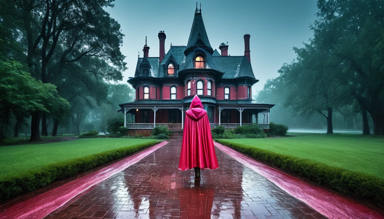 A mystical HDR scene: light rain, ((giant detailed Gothic Victorian house with smoking chimney)) in front of this house is ''A beautiful woman'' seen from behind in the rain, wearing a red shin-length cape, with a hood)), in boots, standing on a red stone path, Drops of water shine on the ground. wet, water sign on the ground splashes, water drops, pink and purple flowers. with streetlights on both sides, a small cyan-blue river on the side, straight, , and on the red stone path runs through the forest, Around her are many trees Fireflies dance in the grass under a clear night sky with a full moon. In the distance,