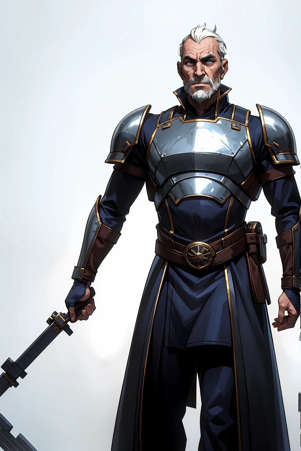 Futuristic style old male soldier, gaunt, thin, grey beard, scared face, cuirassier armor, scars, inquisitor, imperial soldier, ((upper body portrait)), taken from front, plain white background, standing