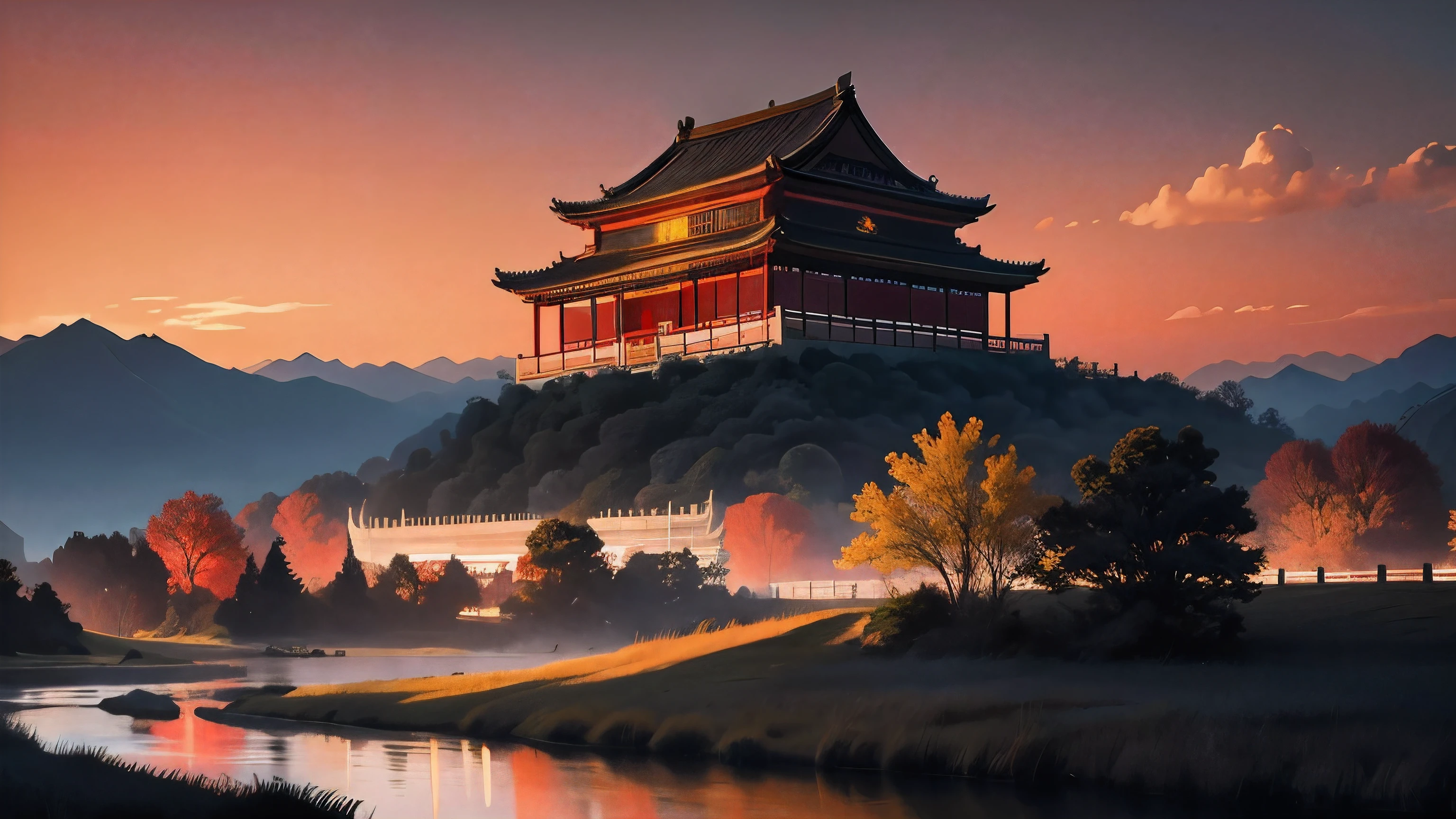 there is a huge chinese palace shining brightly in the center of the picture,cumulus clouds with lines in the sky,The cover of the Chinese landscape,with dense black and white lines forming mountains and rivers,with a red background at the top,a strong color contrast,