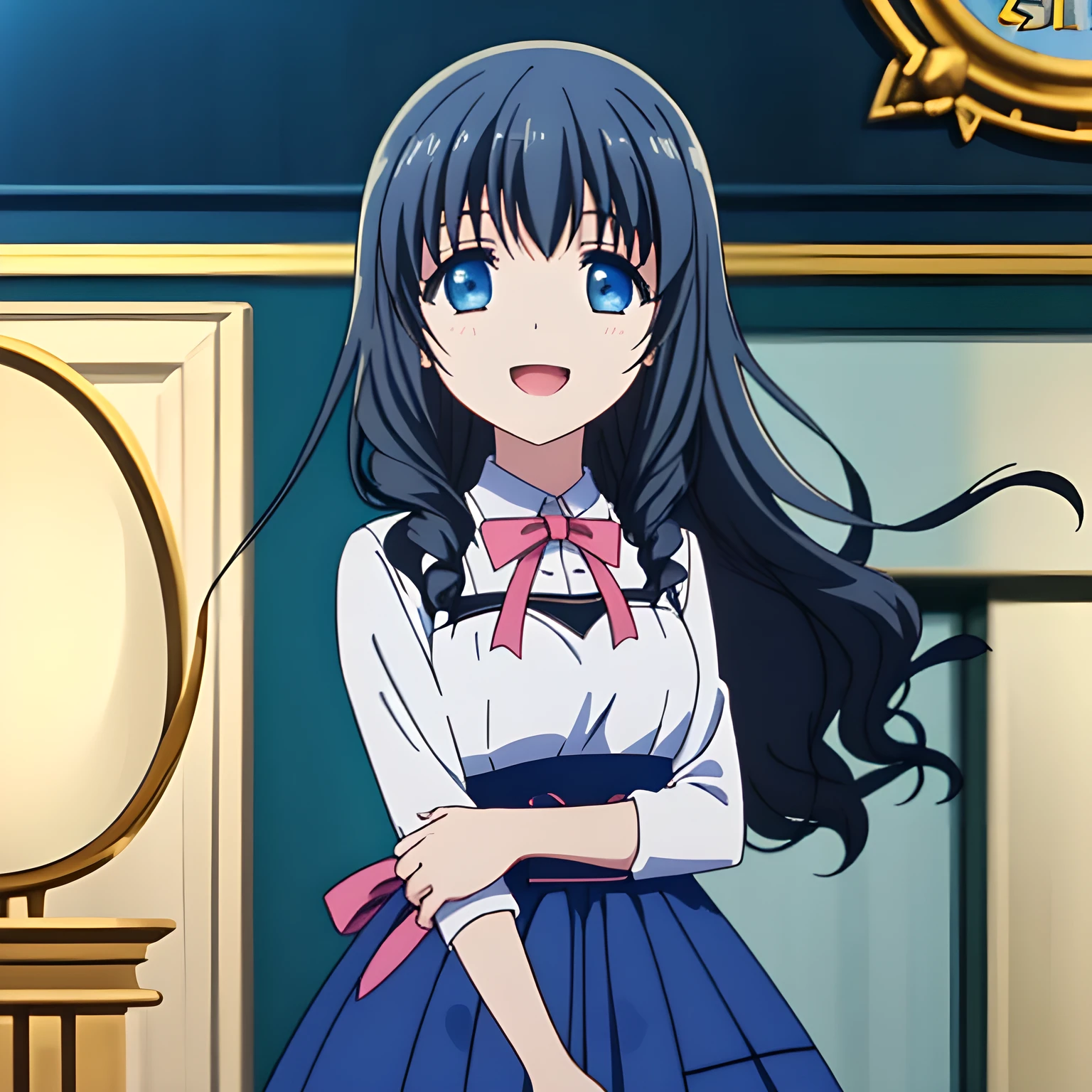 (highest quality, masterpiece, Full HD, High definition, High saturation and contrast to enhance female beauty: 1.2), (Japanese Game CG art of beautiful giggling noble elegant girl is giggling with her mouth open in chorus, charming me elegantly, Noble Elegant: 1.3), (Just one very beautiful date-game noble heroine who is looking and laughing at me, Very detailed cute noble yo heroine's noble eyes and face, Beautiful giggling eyes with detailed: 1.4), (Super-long bottom-eyelashes: 1.2), (Girl whom everyone loves because of her beauty and lovely fashion and noble manner and mind of evil succubus and magical-charm of evil succubus: 1.0), (Very beautiful, wavy, cutely super-super-long dark-dark-blue-dark-blue hair, with elegant hair ribbons, spreading on whole the screen: 1.3), (Laughing very beautiful and sapphire-blue mature intelligent cute-eyes which charms and enslave me inevitably, with clearly detailed: 1.4), (Eyes are clearly detailed), (very long eyelashes: 1.0), (Noble blue neat noble school uniform with a noble expensive glossy red ribbon on the chest: 1.2), (Charming neat blue & navy tartan-checkered pleated long expensive school skirt: 1.5), (Soprano singer of classic music: 1.6), (Can't stop giggling: 1.6), Clear skin, (Nothing except black background: 1.5), dark-blue hair, shot from side