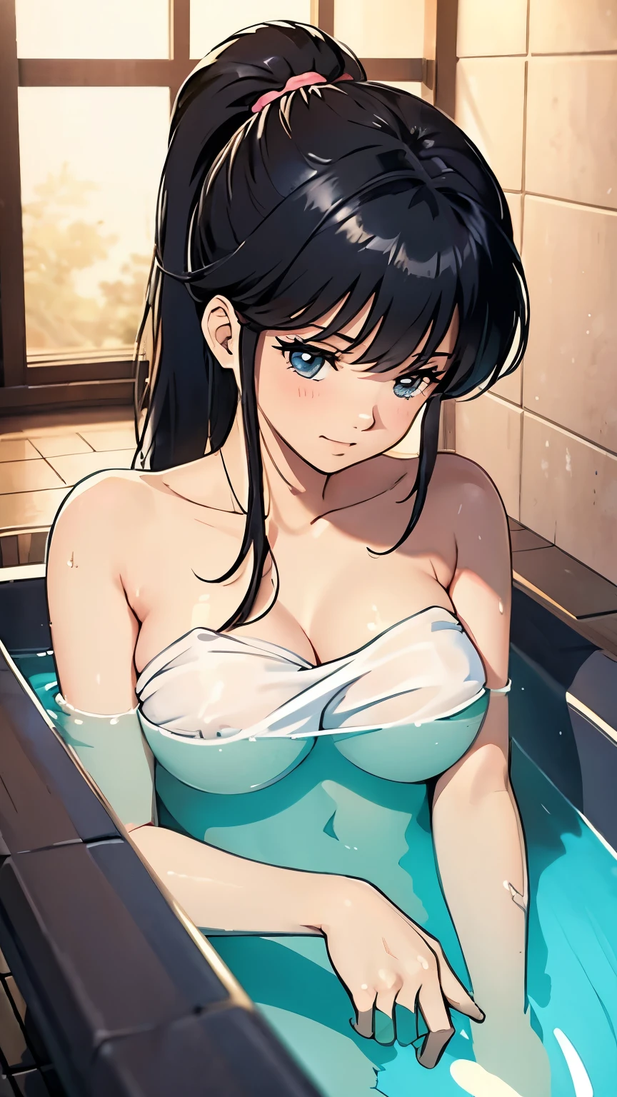 Gal、night、Open-air bath、In the bathtub、Upper Body、She is hiding her large breasts with a towel、Laughter、ponytail、Black Hair、2 times degree、Anime-style illustrations