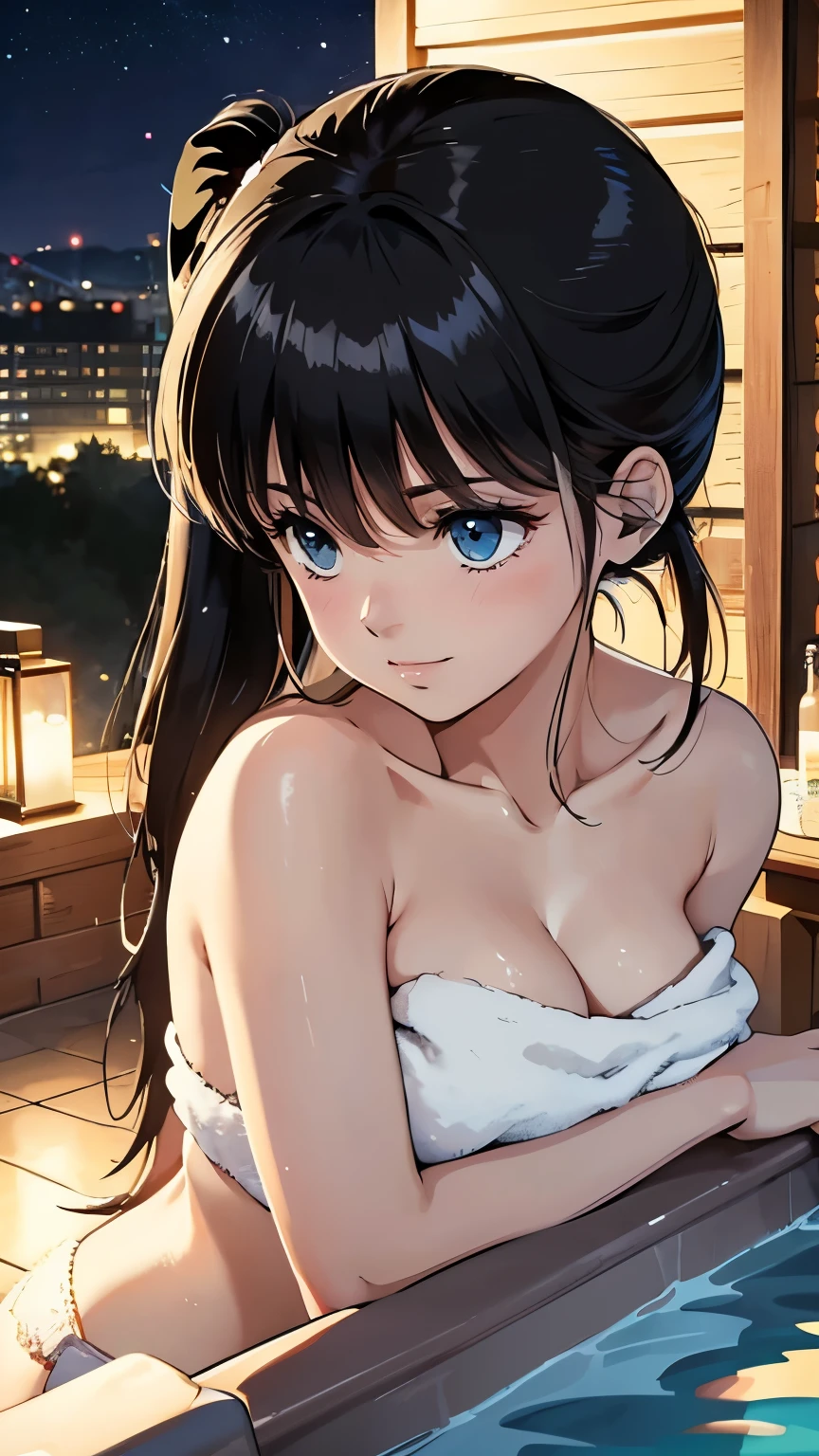 Gal、night、Open-air bath、In the bathtub、Upper Body、She is hiding her large breasts with a towel、Laughter、ponytail、Black Hair、2 times degree、Anime-style illustrations